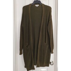 Umgee Olive Green Chunky Knit Open Front Cardigan Pointelle Pockets Med Patina